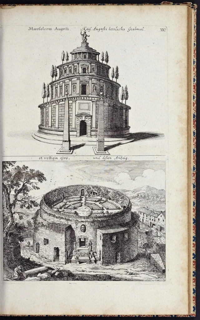 An illustration from Romae antiquae et novae theatrum, sive, Genuina ac vera urbis, juxta varios ejusdem status, delineatio topographica : unà cum primariis illius aedificiis ac monumentis, veluti templis, simulacris, circis, campis, theatris, arcubus, porticibus, columnis, statuis & sepulcris antiquis, praecipuè verò modernis templis, palatiis & aedificiis, nonaginta tabulis aeneis exhibitis & secundùm nobilioris architecturae simulac perspectivae regulas extructis, ruinisq́ue illustrioribus, 1684, leaf 72
