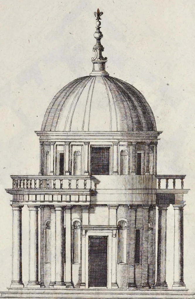 An illustration from Romae antiquae et novae theatrum, sive, Genuina ac vera urbis, juxta varios ejusdem status, delineatio topographica : unà cum primariis illius aedificiis ac monumentis, veluti templis, simulacris, circis, campis, theatris, arcubus, porticibus, columnis, statuis & sepulcris antiquis, praecipuè verò modernis templis, palatiis & aedificiis, nonaginta tabulis aeneis exhibitis & secundùm nobilioris architecturae simulac perspectivae regulas extructis, ruinisq́ue illustrioribus, 1684, leaf 86