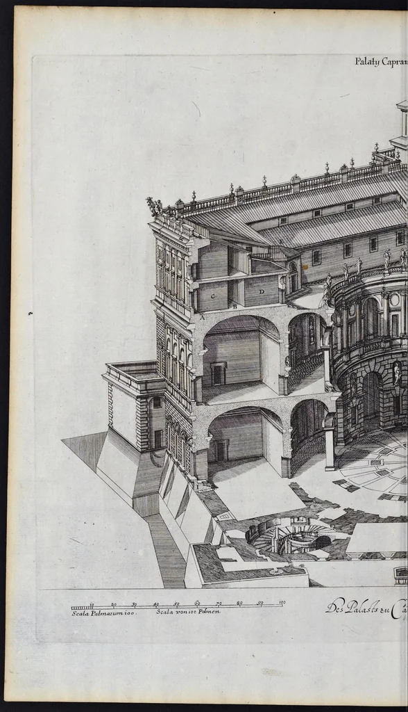 An illustration from Romae antiquae et novae theatrum, sive, Genuina ac vera urbis, juxta varios ejusdem status, delineatio topographica : unà cum primariis illius aedificiis ac monumentis, veluti templis, simulacris, circis, campis, theatris, arcubus, porticibus, columnis, statuis & sepulcris antiquis, praecipuè verò modernis templis, palatiis & aedificiis, nonaginta tabulis aeneis exhibitis & secundùm nobilioris architecturae simulac perspectivae regulas extructis, ruinisq́ue illustrioribus, 1684, leaf 95