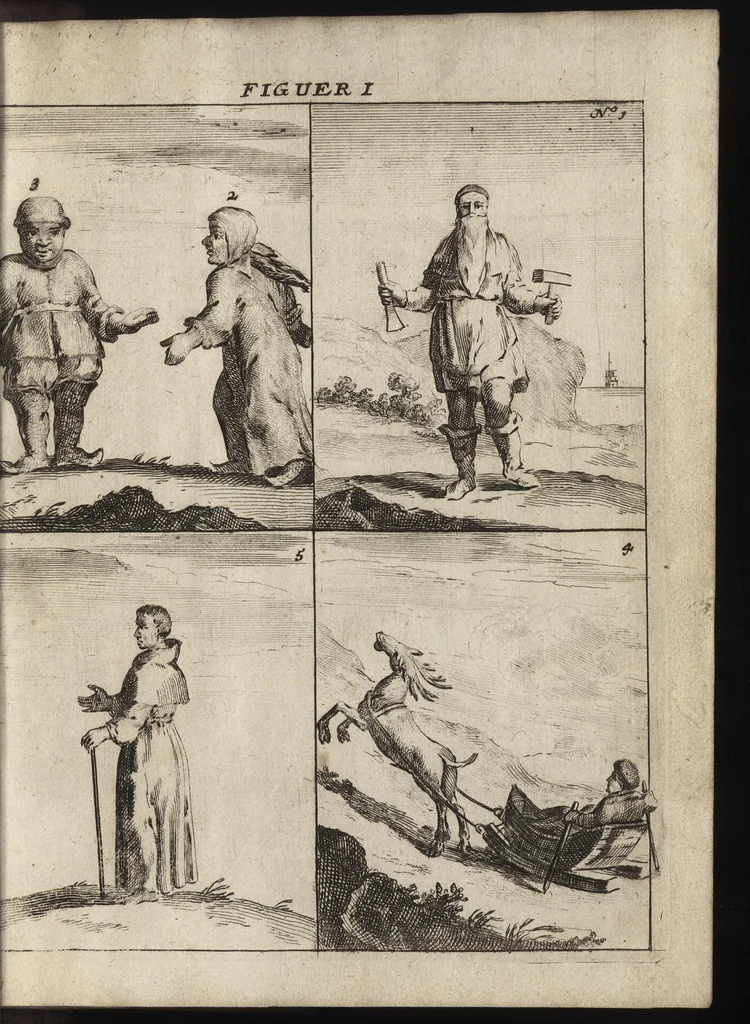 An illustration from De noordsche weereld : vertoond in twee nieuwe, aenmercklijcke, derwaerts gedaene reysen : d'eene, van de heer Martiniere door Norweegen, Lapland, Boranday, Siberien, Samojessie, Ys-land, Groenland en Nova-Zembla ... : dandre, van de Hamburger Frederick Martens, verright nae Spitsbergen of Groenland, in't jaer 1671 ..., 1685, leaf 372