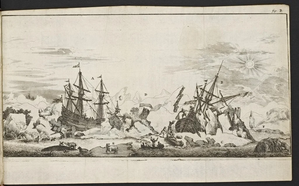 An illustration from De noordsche weereld : vertoond in twee nieuwe, aenmercklijcke, derwaerts gedaene reysen : d'eene, van de heer Martiniere door Norweegen, Lapland, Boranday, Siberien, Samojessie, Ys-land, Groenland en Nova-Zembla ... : dandre, van de Hamburger Frederick Martens, verright nae Spitsbergen of Groenland, in't jaer 1671 ..., 1685, leaf 382