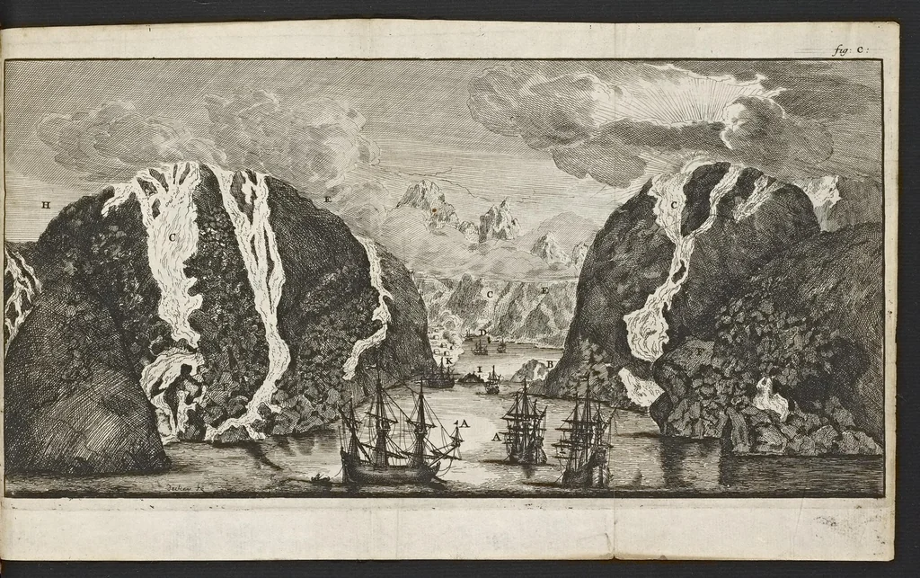 An illustration from De noordsche weereld : vertoond in twee nieuwe, aenmercklijcke, derwaerts gedaene reysen : d'eene, van de heer Martiniere door Norweegen, Lapland, Boranday, Siberien, Samojessie, Ys-land, Groenland en Nova-Zembla ... : dandre, van de Hamburger Frederick Martens, verright nae Spitsbergen of Groenland, in't jaer 1671 ..., 1685, leaf 384