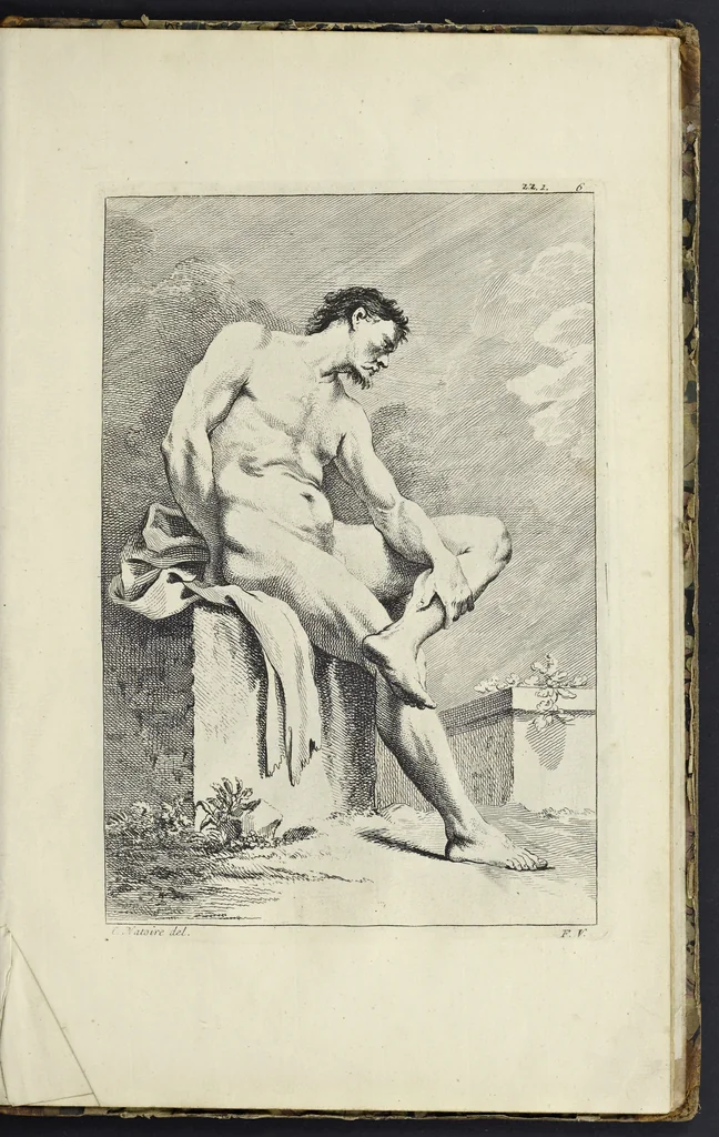 An illustration from The principles of drawing, or, An easy and familiar method for the improvement of youth in the practice of that useful art : being a compleat drawing book, containing a curious collection of examples in all the variety of cases, as the several parts of the human body, whole figures, landskips, cattle, &c. curiously engraved on copper-plates, after the designs of Albert Durer, Abrah. Bloemart, Carlo Morac, Le Clerc, Hollar, and other great masters : to which is prefix'd an introduction to drawing ..., 1764, leaf 100