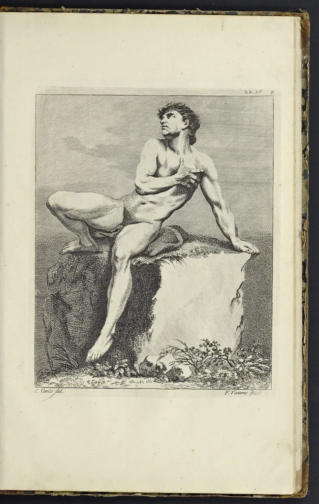 An illustration from The principles of drawing, or, An easy and familiar method for the improvement of youth in the practice of that useful art : being a compleat drawing book, containing a curious collection of examples in all the variety of cases, as the several parts of the human body, whole figures, landskips, cattle, &c. curiously engraved on copper-plates, after the designs of Albert Durer, Abrah. Bloemart, Carlo Morac, Le Clerc, Hollar, and other great masters : to which is prefix'd an introduction to drawing ..., 1764, leaf 102