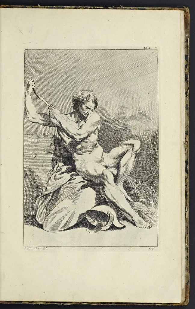 An illustration from The principles of drawing, or, An easy and familiar method for the improvement of youth in the practice of that useful art : being a compleat drawing book, containing a curious collection of examples in all the variety of cases, as the several parts of the human body, whole figures, landskips, cattle, &c. curiously engraved on copper-plates, after the designs of Albert Durer, Abrah. Bloemart, Carlo Morac, Le Clerc, Hollar, and other great masters : to which is prefix'd an introduction to drawing ..., 1764, leaf 104