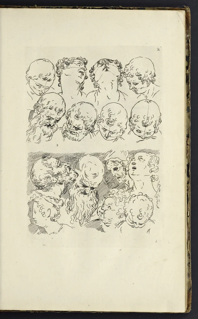 An illustration from The principles of drawing, or, An easy and familiar method for the improvement of youth in the practice of that useful art : being a compleat drawing book, containing a curious collection of examples in all the variety of cases, as the several parts of the human body, whole figures, landskips, cattle, &c. curiously engraved on copper-plates, after the designs of Albert Durer, Abrah. Bloemart, Carlo Morac, Le Clerc, Hollar, and other great masters : to which is prefix'd an introduction to drawing ..., 1764, leaf 34