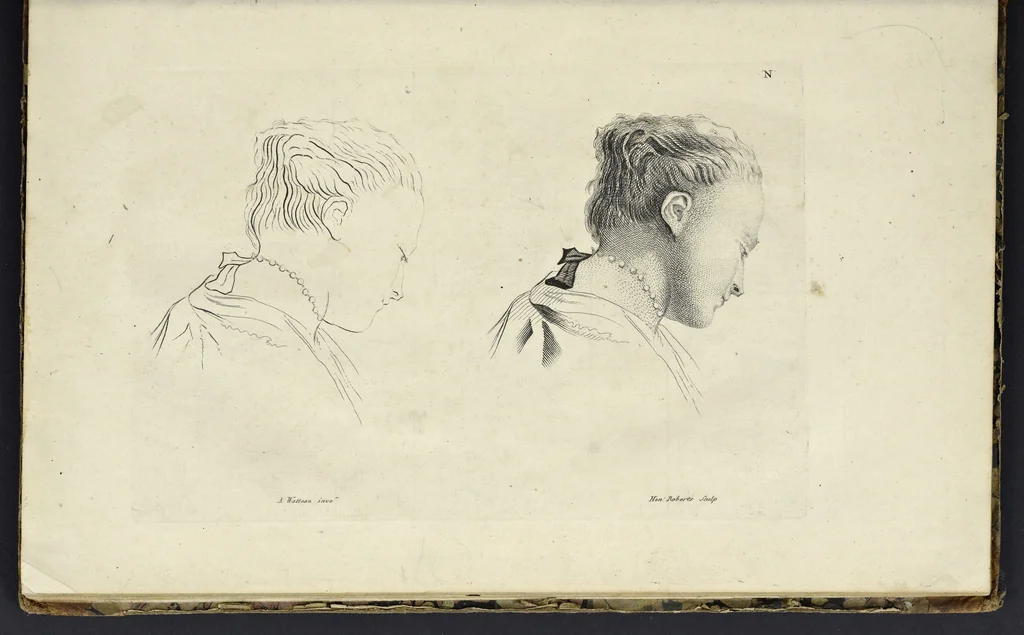 An illustration from The principles of drawing, or, An easy and familiar method for the improvement of youth in the practice of that useful art : being a compleat drawing book, containing a curious collection of examples in all the variety of cases, as the several parts of the human body, whole figures, landskips, cattle, &c. curiously engraved on copper-plates, after the designs of Albert Durer, Abrah. Bloemart, Carlo Morac, Le Clerc, Hollar, and other great masters : to which is prefix'd an introduction to drawing ..., 1764, leaf 44