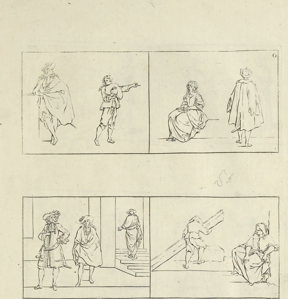 An illustration from The principles of drawing, or, An easy and familiar method for the improvement of youth in the practice of that useful art : being a compleat drawing book, containing a curious collection of examples in all the variety of cases, as the several parts of the human body, whole figures, landskips, cattle, &c. curiously engraved on copper-plates, after the designs of Albert Durer, Abrah. Bloemart, Carlo Morac, Le Clerc, Hollar, and other great masters : to which is prefix'd an introduction to drawing ..., 1764, leaf 46