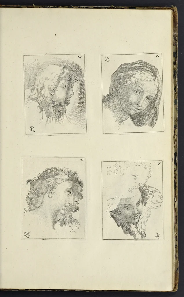 An illustration from The principles of drawing, or, An easy and familiar method for the improvement of youth in the practice of that useful art : being a compleat drawing book, containing a curious collection of examples in all the variety of cases, as the several parts of the human body, whole figures, landskips, cattle, &c. curiously engraved on copper-plates, after the designs of Albert Durer, Abrah. Bloemart, Carlo Morac, Le Clerc, Hollar, and other great masters : to which is prefix'd an introduction to drawing ..., 1764, leaf 56