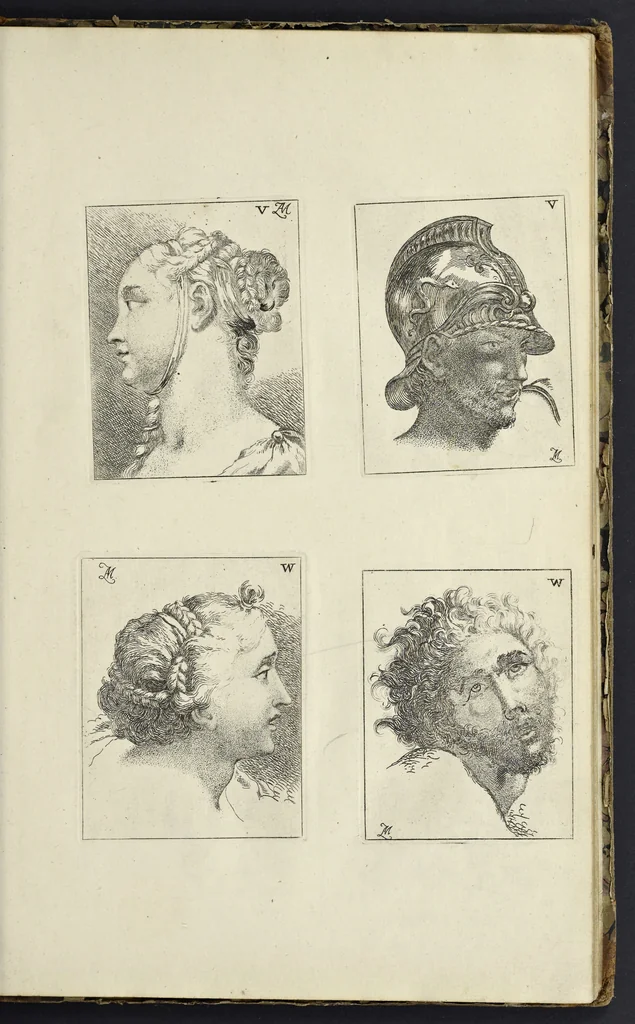An illustration from The principles of drawing, or, An easy and familiar method for the improvement of youth in the practice of that useful art : being a compleat drawing book, containing a curious collection of examples in all the variety of cases, as the several parts of the human body, whole figures, landskips, cattle, &c. curiously engraved on copper-plates, after the designs of Albert Durer, Abrah. Bloemart, Carlo Morac, Le Clerc, Hollar, and other great masters : to which is prefix'd an introduction to drawing ..., 1764, leaf 58