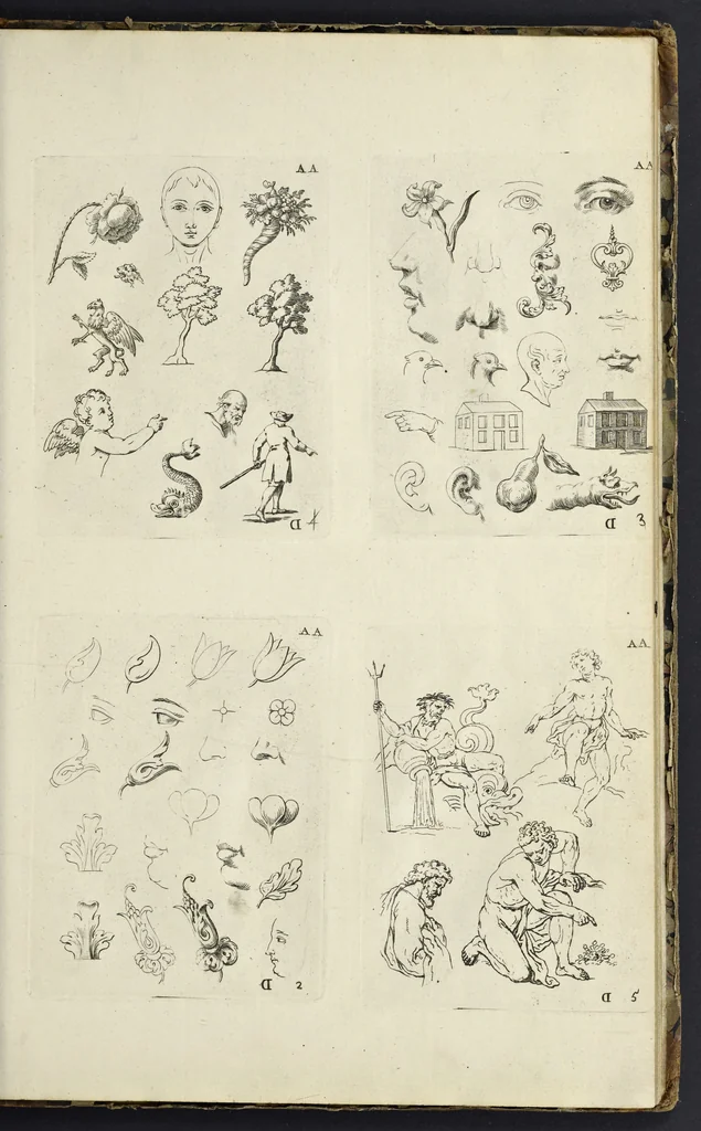 An illustration from The principles of drawing, or, An easy and familiar method for the improvement of youth in the practice of that useful art : being a compleat drawing book, containing a curious collection of examples in all the variety of cases, as the several parts of the human body, whole figures, landskips, cattle, &c. curiously engraved on copper-plates, after the designs of Albert Durer, Abrah. Bloemart, Carlo Morac, Le Clerc, Hollar, and other great masters : to which is prefix'd an introduction to drawing ..., 1764, leaf 60