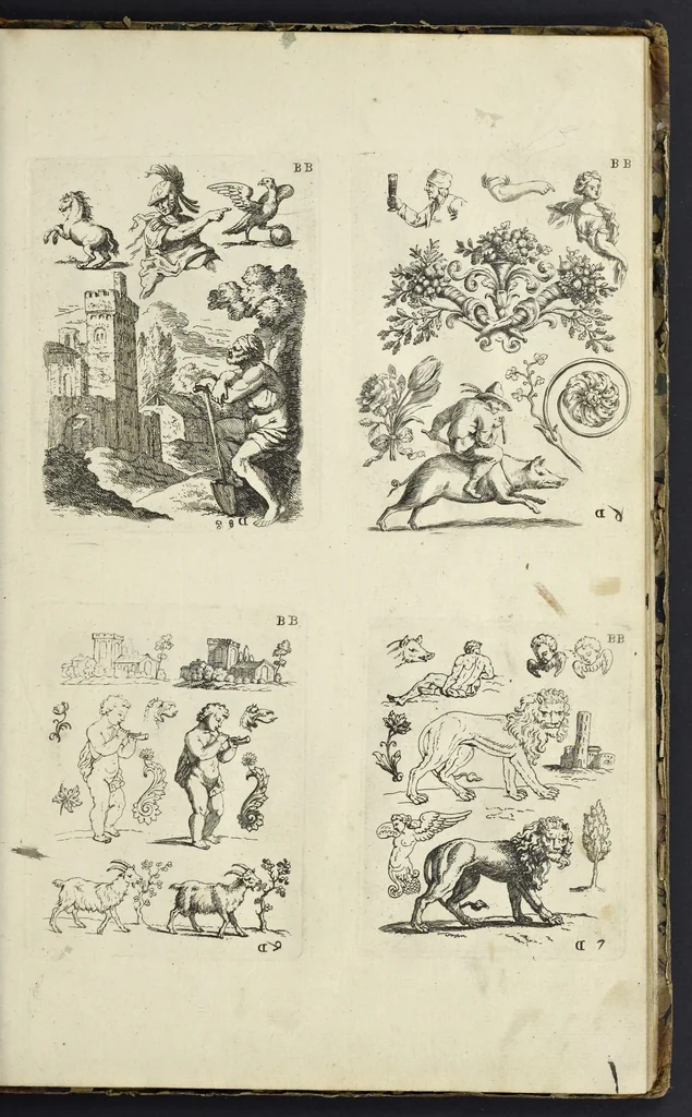 An illustration from The principles of drawing, or, An easy and familiar method for the improvement of youth in the practice of that useful art : being a compleat drawing book, containing a curious collection of examples in all the variety of cases, as the several parts of the human body, whole figures, landskips, cattle, &c. curiously engraved on copper-plates, after the designs of Albert Durer, Abrah. Bloemart, Carlo Morac, Le Clerc, Hollar, and other great masters : to which is prefix'd an introduction to drawing ..., 1764, leaf 62