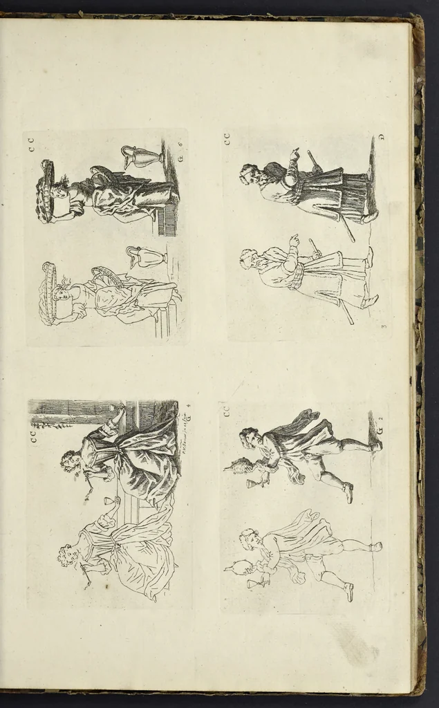 An illustration from The principles of drawing, or, An easy and familiar method for the improvement of youth in the practice of that useful art : being a compleat drawing book, containing a curious collection of examples in all the variety of cases, as the several parts of the human body, whole figures, landskips, cattle, &c. curiously engraved on copper-plates, after the designs of Albert Durer, Abrah. Bloemart, Carlo Morac, Le Clerc, Hollar, and other great masters : to which is prefix'd an introduction to drawing ..., 1764, leaf 64