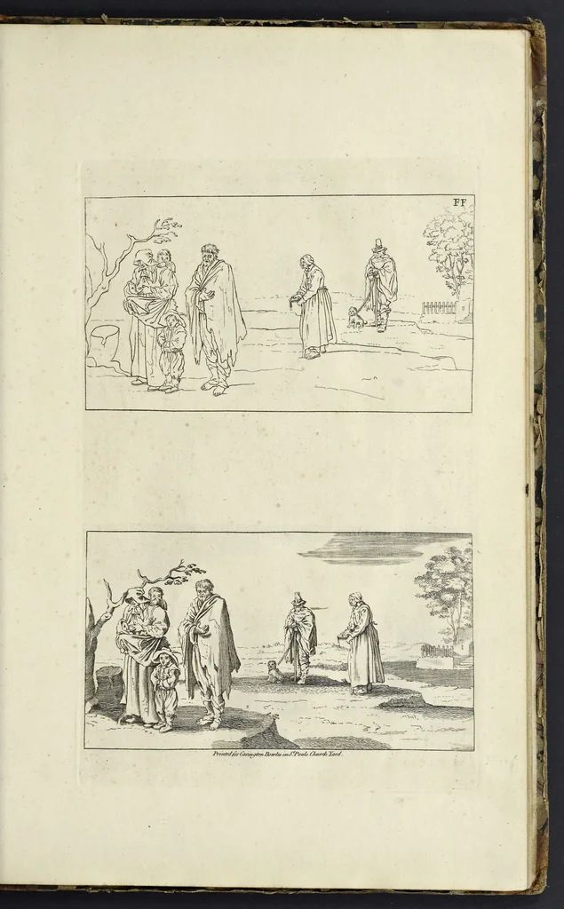 An illustration from The principles of drawing, or, An easy and familiar method for the improvement of youth in the practice of that useful art : being a compleat drawing book, containing a curious collection of examples in all the variety of cases, as the several parts of the human body, whole figures, landskips, cattle, &c. curiously engraved on copper-plates, after the designs of Albert Durer, Abrah. Bloemart, Carlo Morac, Le Clerc, Hollar, and other great masters : to which is prefix'd an introduction to drawing ..., 1764, leaf 70
