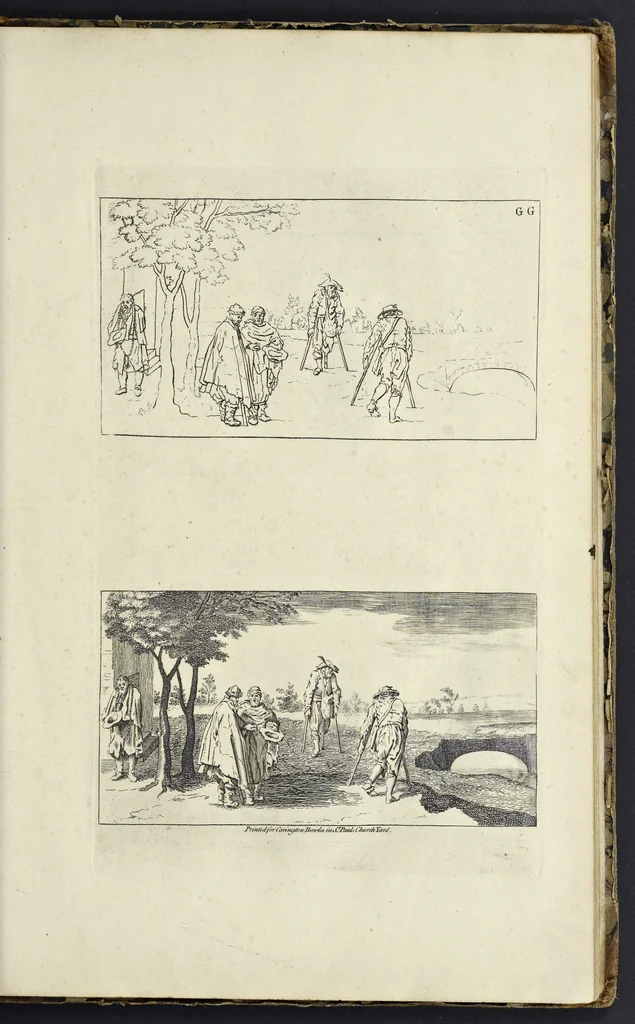 An illustration from The principles of drawing, or, An easy and familiar method for the improvement of youth in the practice of that useful art : being a compleat drawing book, containing a curious collection of examples in all the variety of cases, as the several parts of the human body, whole figures, landskips, cattle, &c. curiously engraved on copper-plates, after the designs of Albert Durer, Abrah. Bloemart, Carlo Morac, Le Clerc, Hollar, and other great masters : to which is prefix'd an introduction to drawing ..., 1764, leaf 72