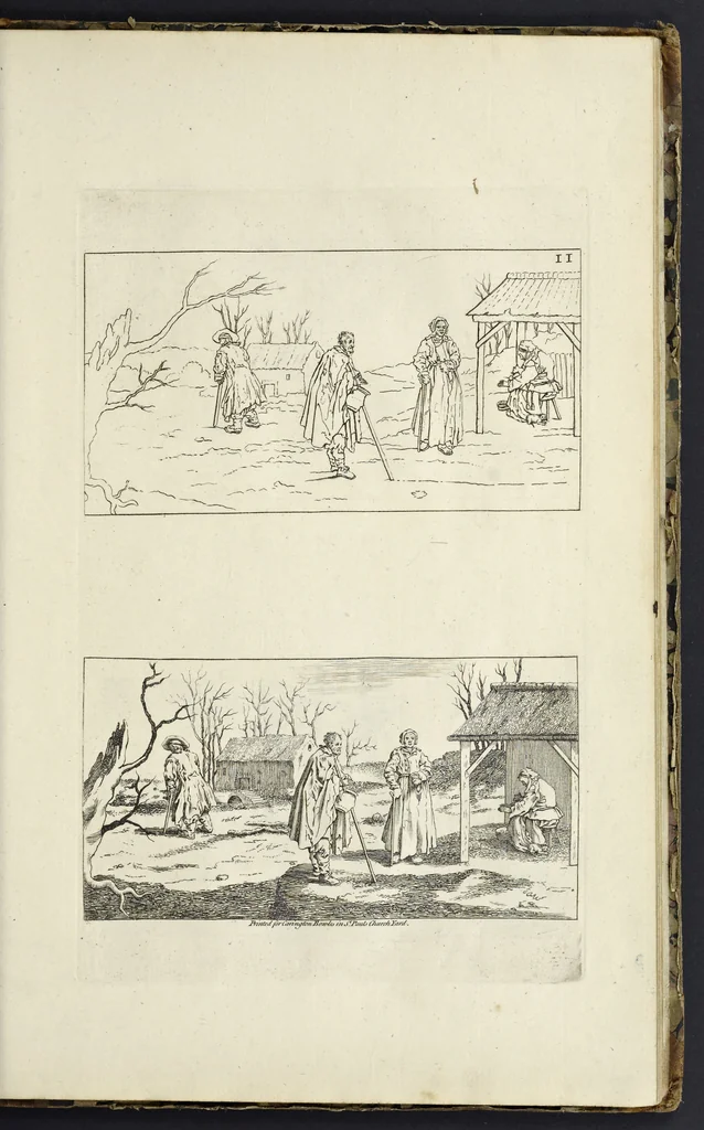 An illustration from The principles of drawing, or, An easy and familiar method for the improvement of youth in the practice of that useful art : being a compleat drawing book, containing a curious collection of examples in all the variety of cases, as the several parts of the human body, whole figures, landskips, cattle, &c. curiously engraved on copper-plates, after the designs of Albert Durer, Abrah. Bloemart, Carlo Morac, Le Clerc, Hollar, and other great masters : to which is prefix'd an introduction to drawing ..., 1764, leaf 76