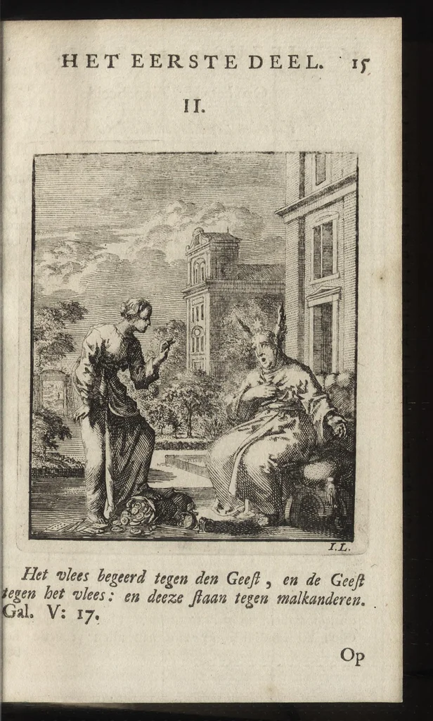 An illustration from Jezus en de Ziel : een geestelyke Spiegel voor't gemoed, bestaande in veertig aangenaame en stichtelyke Zinnebeelde : vervat in drie deelen, 1722, leaf 20