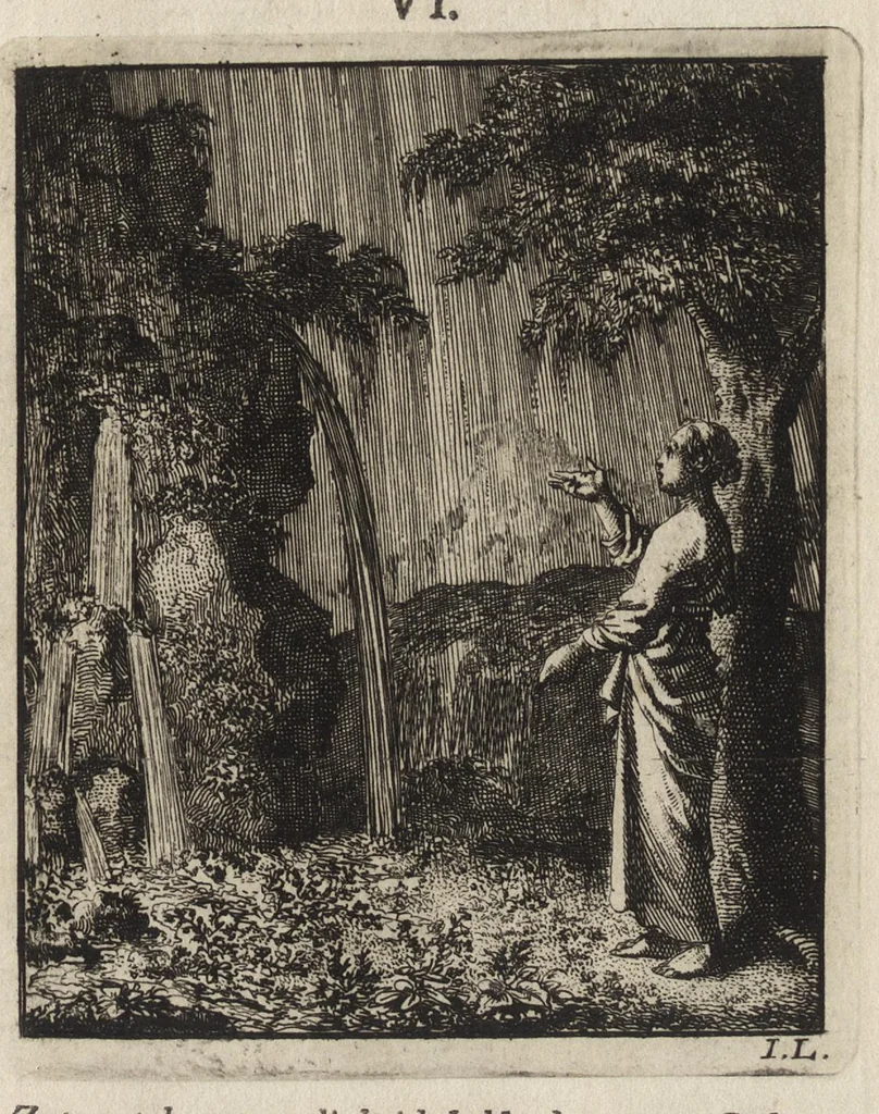 An illustration from Jezus en de Ziel : een geestelyke Spiegel voor't gemoed, bestaande in veertig aangenaame en stichtelyke Zinnebeelde : vervat in drie deelen, 1722, leaf 36