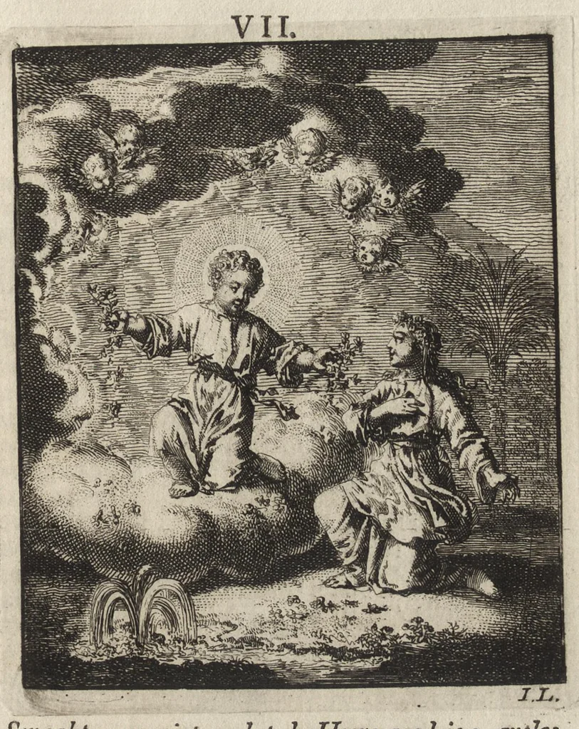 An illustration from Jezus en de Ziel : een geestelyke Spiegel voor't gemoed, bestaande in veertig aangenaame en stichtelyke Zinnebeelde : vervat in drie deelen, 1722, leaf 40