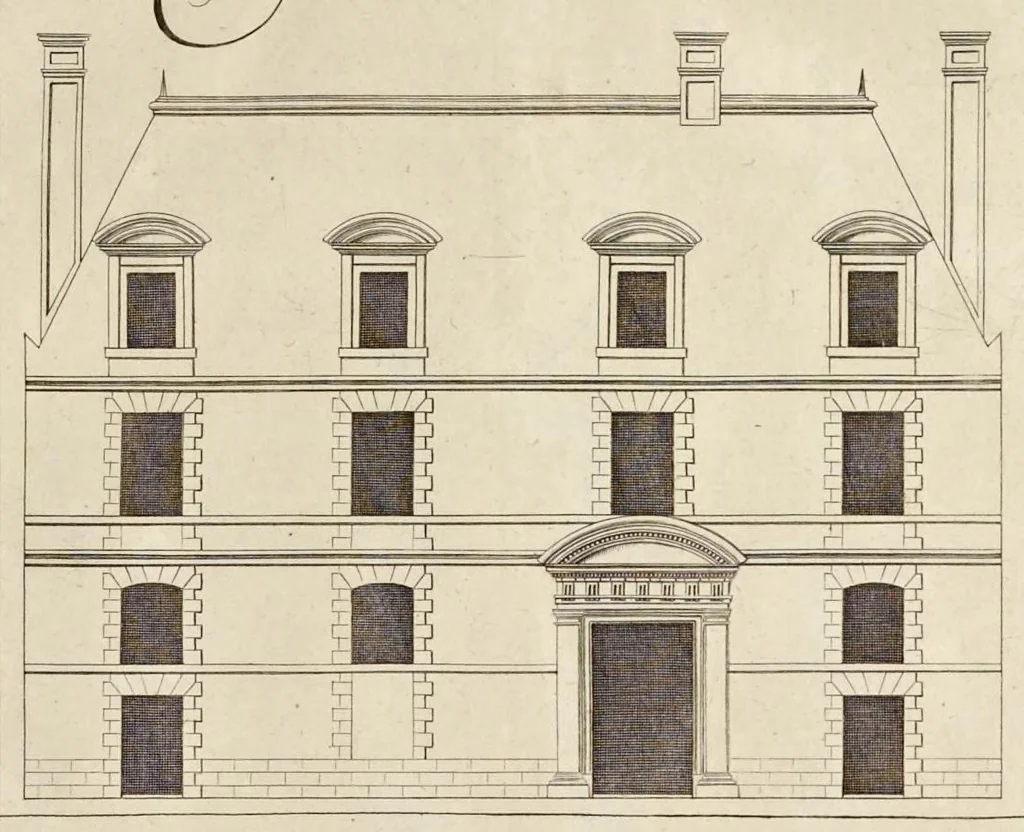 An illustration from Maniere de bien bastir pour toutes sortes de personnes. Contenant les moyens d'elever des bastimens de toutes grandeurs, d'y faire tous les ornemens, commoditez & détachemens qui s'y peuvent souhaiter. Ensemble des desseins pour bastir regulierement sur toute sorte de place, 1681, leaf 102