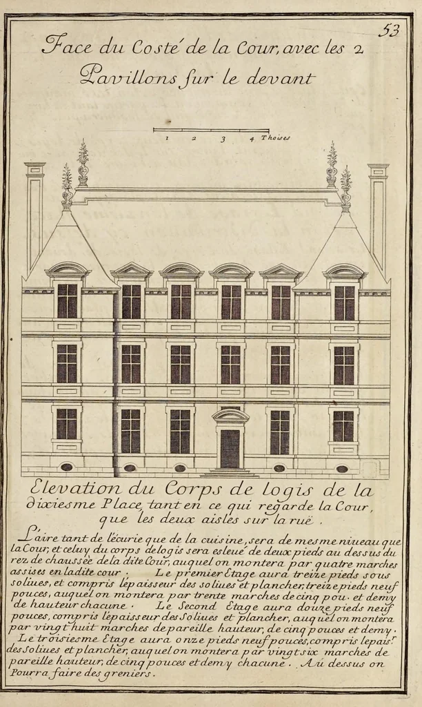 An illustration from Maniere de bien bastir pour toutes sortes de personnes. Contenant les moyens d'elever des bastimens de toutes grandeurs, d'y faire tous les ornemens, commoditez & détachemens qui s'y peuvent souhaiter. Ensemble des desseins pour bastir regulierement sur toute sorte de place, 1681, leaf 96