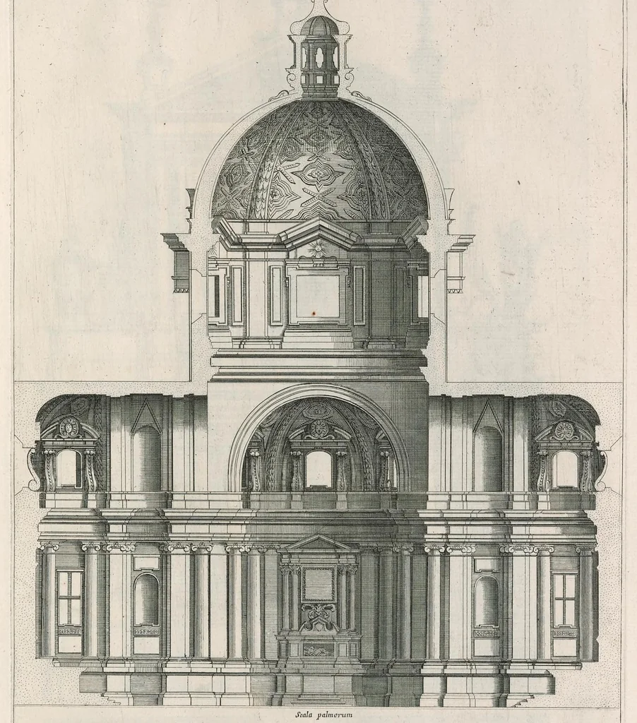 An illustration from Insignium Romae templorum prospectus exteriores interioresque a celebrioribus architectis inventi : nunc tandem suis cum plantis ac mensuris a Io. Iacobo de Rubeis Romano suis typis in lucem editi ad aedem Pacis : cum privilegio Summi Pontificis, anno MDCLXXXIII, 1683, leaf 106