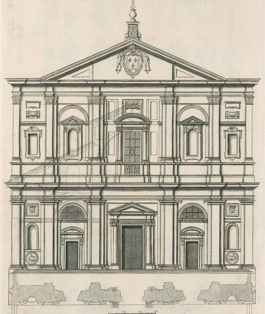 An illustration from Insignium Romae templorum prospectus exteriores interioresque a celebrioribus architectis inventi : nunc tandem suis cum plantis ac mensuris a Io. Iacobo de Rubeis Romano suis typis in lucem editi ad aedem Pacis : cum privilegio Summi Pontificis, anno MDCLXXXIII, 1683, leaf 110