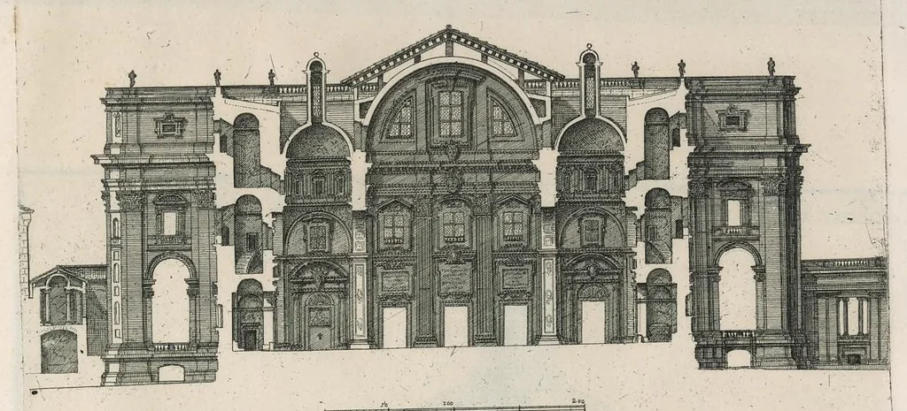 An illustration from Insignium Romae templorum prospectus exteriores interioresque a celebrioribus architectis inventi : nunc tandem suis cum plantis ac mensuris a Io. Iacobo de Rubeis Romano suis typis in lucem editi ad aedem Pacis : cum privilegio Summi Pontificis, anno MDCLXXXIII, 1683, leaf 12