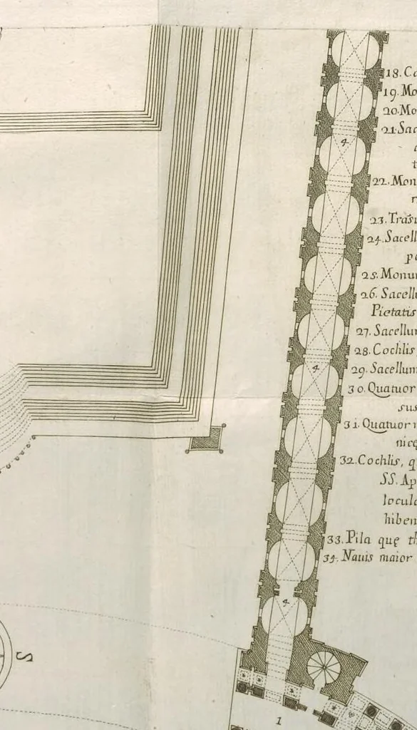 An illustration from Insignium Romae templorum prospectus exteriores interioresque a celebrioribus architectis inventi : nunc tandem suis cum plantis ac mensuris a Io. Iacobo de Rubeis Romano suis typis in lucem editi ad aedem Pacis : cum privilegio Summi Pontificis, anno MDCLXXXIII, 1683, leaf 20