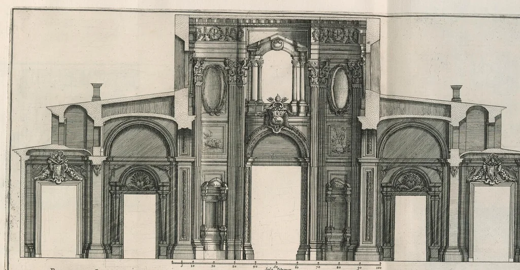 An illustration from Insignium Romae templorum prospectus exteriores interioresque a celebrioribus architectis inventi : nunc tandem suis cum plantis ac mensuris a Io. Iacobo de Rubeis Romano suis typis in lucem editi ad aedem Pacis : cum privilegio Summi Pontificis, anno MDCLXXXIII, 1683, leaf 44