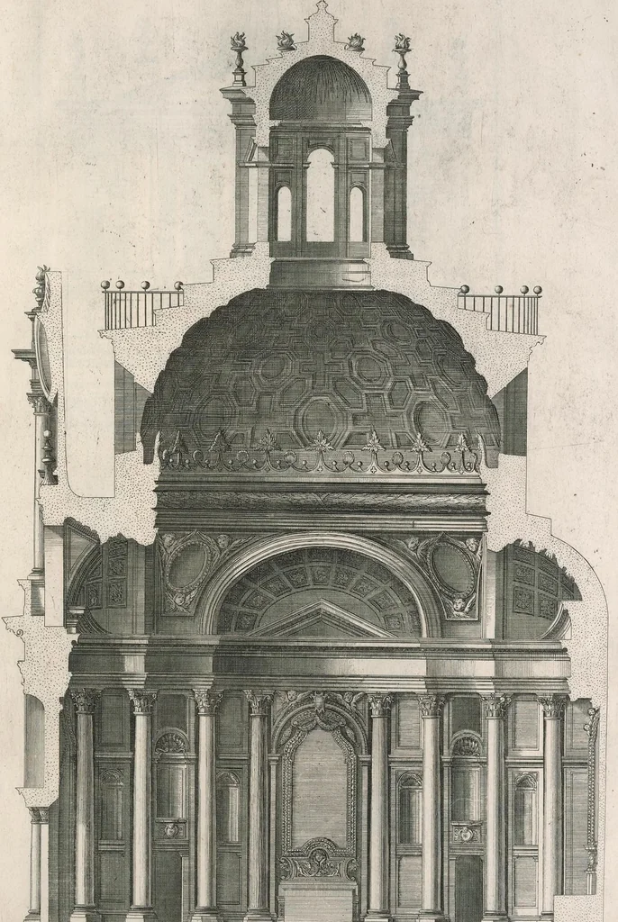 An illustration from Insignium Romae templorum prospectus exteriores interioresque a celebrioribus architectis inventi : nunc tandem suis cum plantis ac mensuris a Io. Iacobo de Rubeis Romano suis typis in lucem editi ad aedem Pacis : cum privilegio Summi Pontificis, anno MDCLXXXIII, 1683, leaf 52