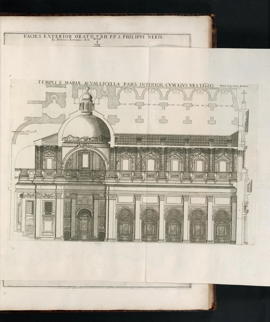 An illustration from Insignium Romae templorum prospectus exteriores interioresque a celebrioribus architectis inventi : nunc tandem suis cum plantis ac mensuris a Io. Iacobo de Rubeis Romano suis typis in lucem editi ad aedem Pacis : cum privilegio Summi Pontificis, anno MDCLXXXIII, 1683, leaf 76