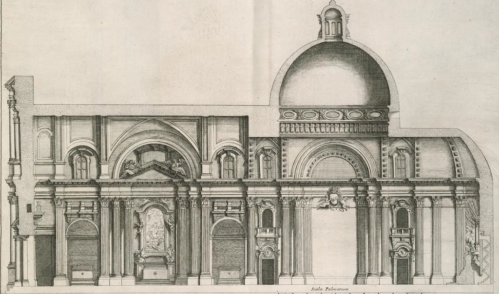 An illustration from Insignium Romae templorum prospectus exteriores interioresque a celebrioribus architectis inventi : nunc tandem suis cum plantis ac mensuris a Io. Iacobo de Rubeis Romano suis typis in lucem editi ad aedem Pacis : cum privilegio Summi Pontificis, anno MDCLXXXIII, 1683, leaf 86