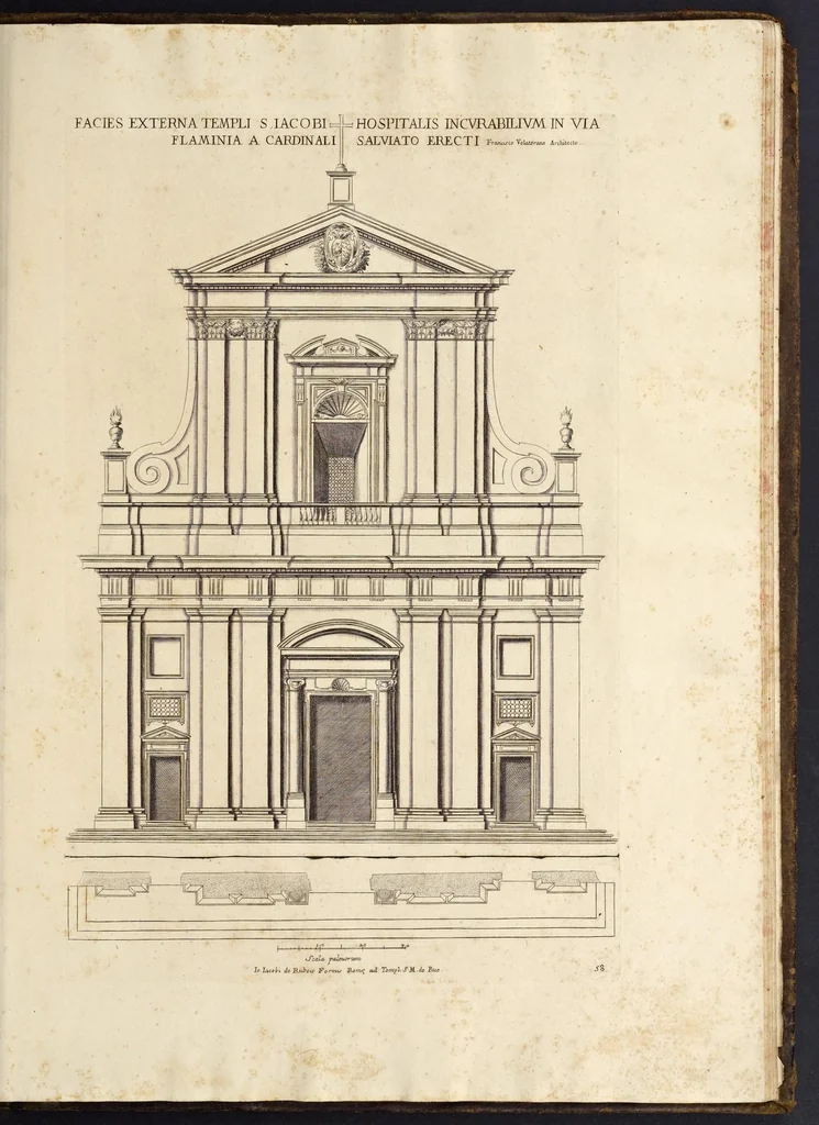 An illustration from Insignium Romae templorum prospectus exteriores interioresque, a celebrioribus architectis inventi : nunc tandem suis cum plantis ac mensuris a Io. Iacobo de Rubeis Romano suis typis in lucem editi ad aedem Pacis : cum privilegio Summi Pontificis, anno MDCLXXXIIII, 1684, leaf 118