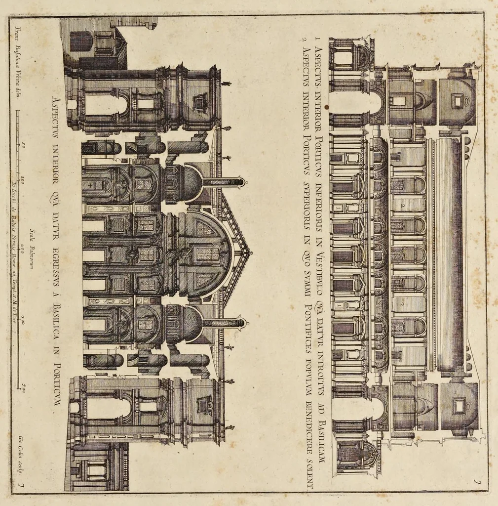 An illustration from Insignium Romae templorum prospectus exteriores interioresque, a celebrioribus architectis inventi : nunc tandem suis cum plantis ac mensuris a Io. Iacobo de Rubeis Romano suis typis in lucem editi ad aedem Pacis : cum privilegio Summi Pontificis, anno MDCLXXXIIII, 1684, leaf 16