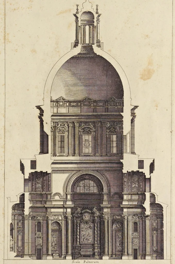 An illustration from Insignium Romae templorum prospectus exteriores interioresque, a celebrioribus architectis inventi : nunc tandem suis cum plantis ac mensuris a Io. Iacobo de Rubeis Romano suis typis in lucem editi ad aedem Pacis : cum privilegio Summi Pontificis, anno MDCLXXXIIII, 1684, leaf 38