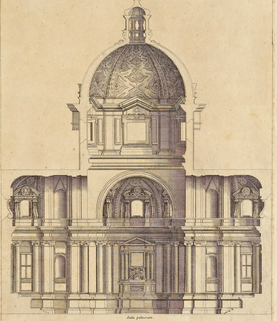 An illustration from Insignium Romae templorum prospectus exteriores interioresque, a celebrioribus architectis inventi : nunc tandem suis cum plantis ac mensuris a Io. Iacobo de Rubeis Romano suis typis in lucem editi ad aedem Pacis : cum privilegio Summi Pontificis, anno MDCLXXXIIII, 1684, leaf 72