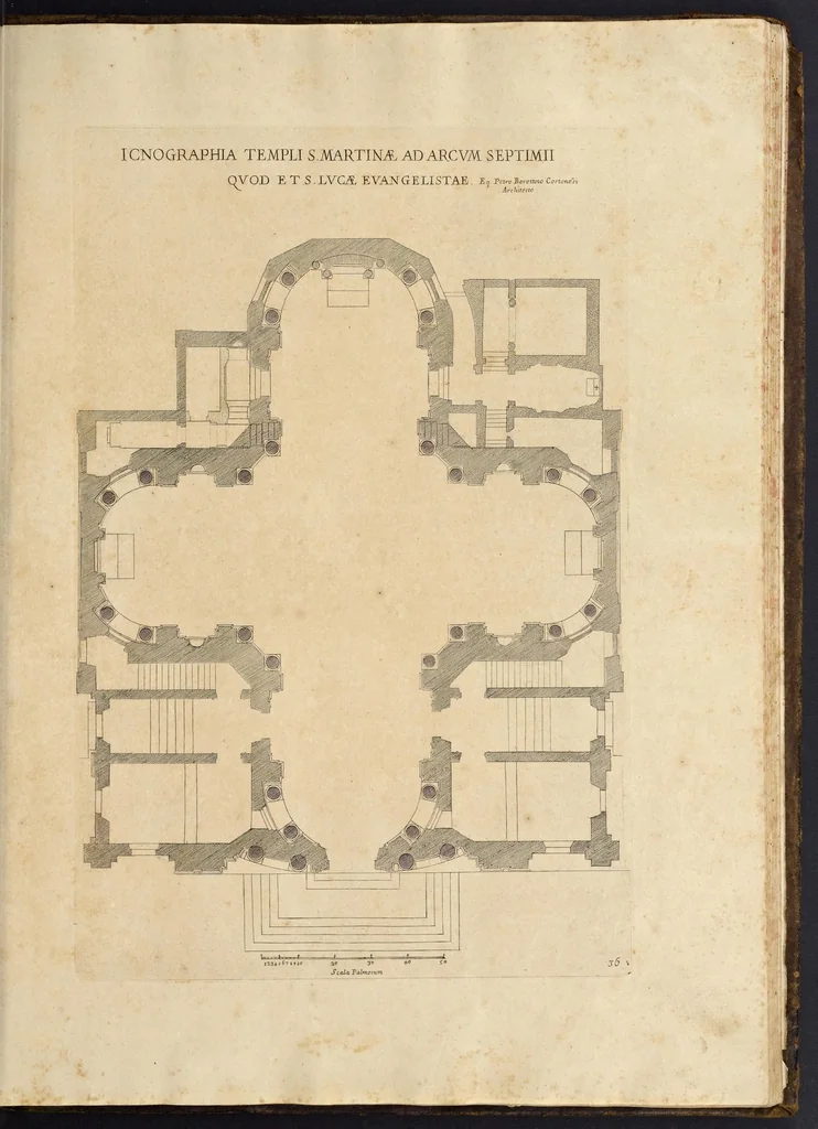 An illustration from Insignium Romae templorum prospectus exteriores interioresque, a celebrioribus architectis inventi : nunc tandem suis cum plantis ac mensuris a Io. Iacobo de Rubeis Romano suis typis in lucem editi ad aedem Pacis : cum privilegio Summi Pontificis, anno MDCLXXXIIII, 1684, leaf 74