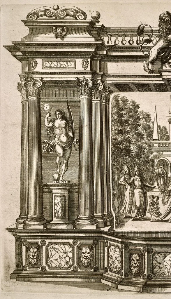 An illustration from Die uber alle Tugende triumphirende Tugend der Beständigkeit : wie dieselbe bey Anwesenheit verschiedener hoch-fürstlich, fürstlich- und gräflicher Personen den __ Februarii, 1684, auf dem ChurPfältzischen Residentz-Schlosz zu Heydelberg vorgestellet und praesentiret worden, 1684, leaf 101