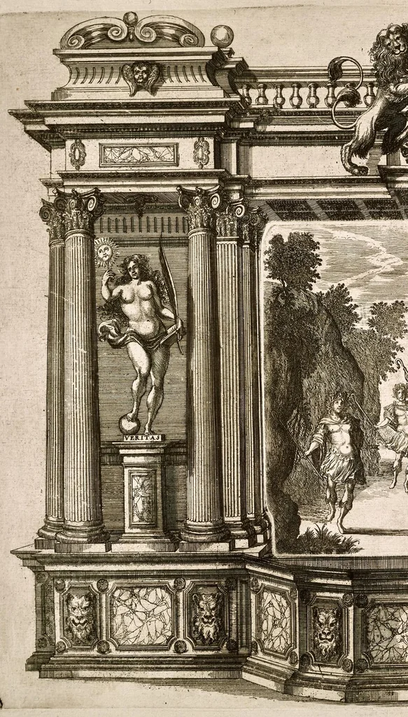 An illustration from Die uber alle Tugende triumphirende Tugend der Beständigkeit : wie dieselbe bey Anwesenheit verschiedener hoch-fürstlich, fürstlich- und gräflicher Personen den __ Februarii, 1684, auf dem ChurPfältzischen Residentz-Schlosz zu Heydelberg vorgestellet und praesentiret worden, 1684, leaf 107