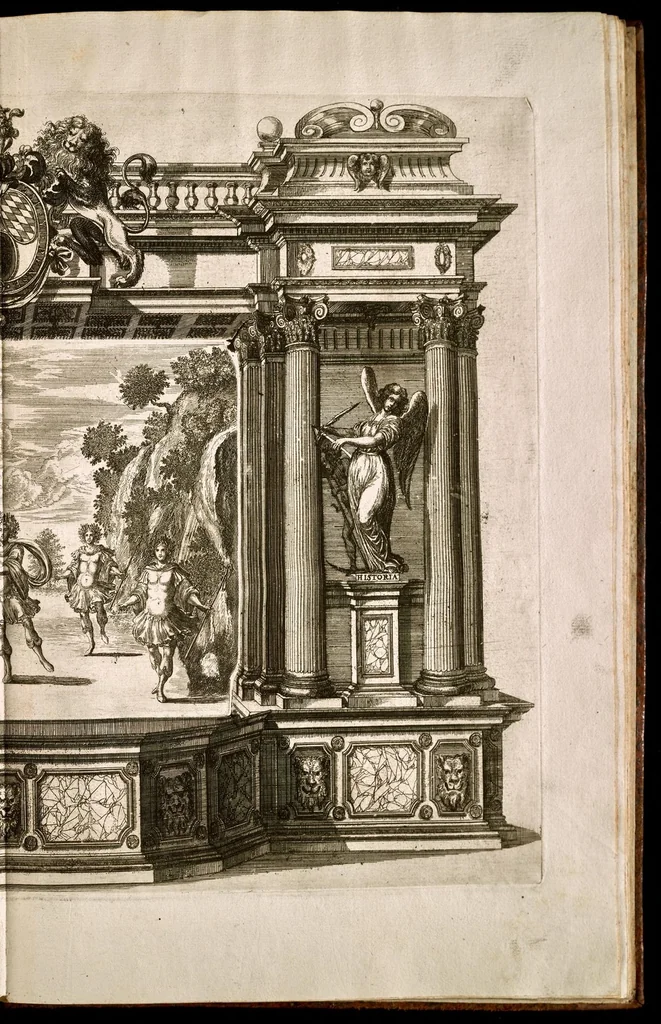 An illustration from Die uber alle Tugende triumphirende Tugend der Beständigkeit : wie dieselbe bey Anwesenheit verschiedener hoch-fürstlich, fürstlich- und gräflicher Personen den __ Februarii, 1684, auf dem ChurPfältzischen Residentz-Schlosz zu Heydelberg vorgestellet und praesentiret worden, 1684, leaf 108