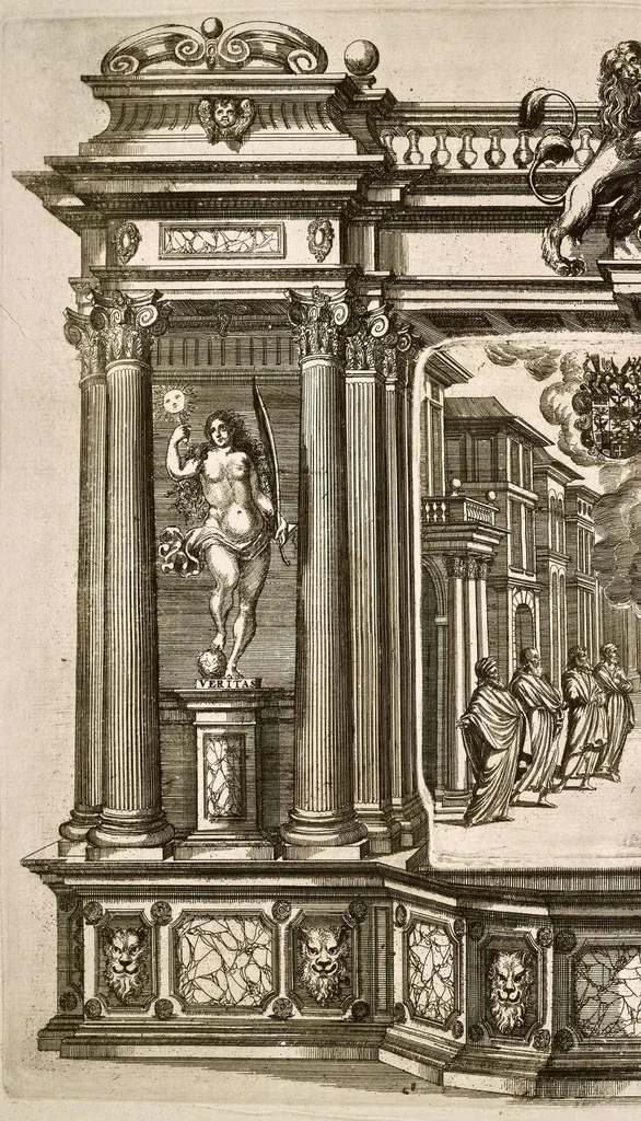 An illustration from Die uber alle Tugende triumphirende Tugend der Beständigkeit : wie dieselbe bey Anwesenheit verschiedener hoch-fürstlich, fürstlich- und gräflicher Personen den __ Februarii, 1684, auf dem ChurPfältzischen Residentz-Schlosz zu Heydelberg vorgestellet und praesentiret worden, 1684, leaf 111