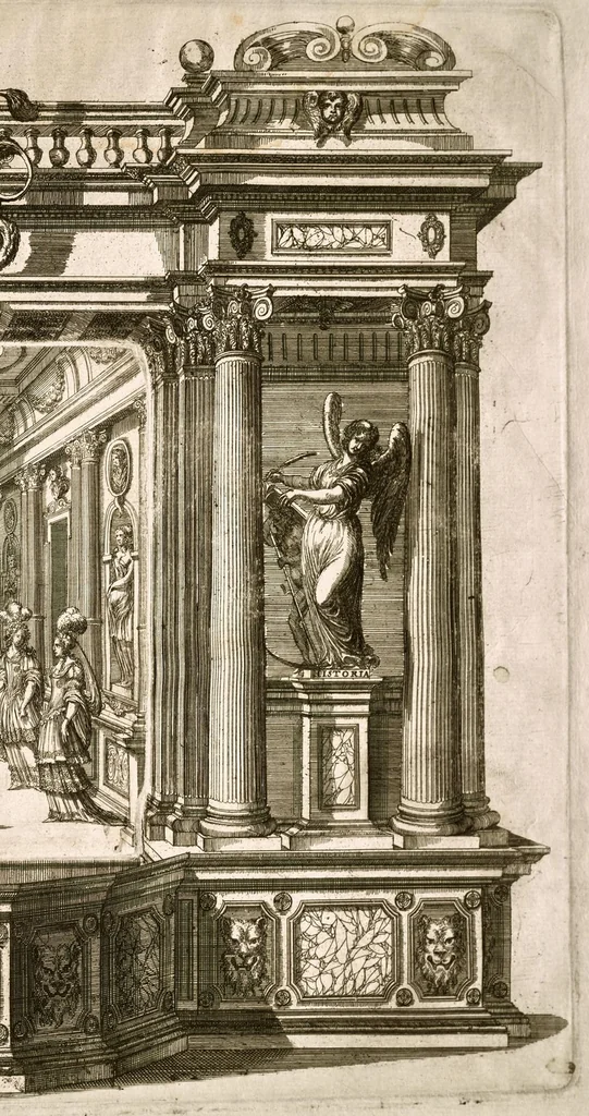 An illustration from Die uber alle Tugende triumphirende Tugend der Beständigkeit : wie dieselbe bey Anwesenheit verschiedener hoch-fürstlich, fürstlich- und gräflicher Personen den __ Februarii, 1684, auf dem ChurPfältzischen Residentz-Schlosz zu Heydelberg vorgestellet und praesentiret worden, 1684, leaf 120