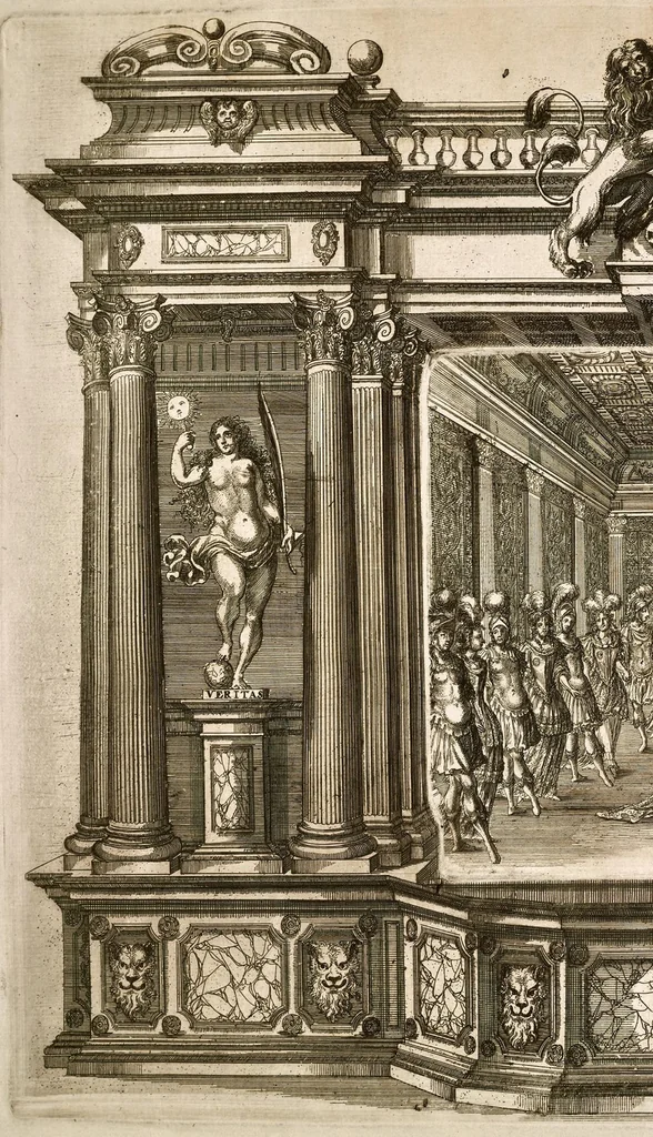 An illustration from Die uber alle Tugende triumphirende Tugend der Beständigkeit : wie dieselbe bey Anwesenheit verschiedener hoch-fürstlich, fürstlich- und gräflicher Personen den __ Februarii, 1684, auf dem ChurPfältzischen Residentz-Schlosz zu Heydelberg vorgestellet und praesentiret worden, 1684, leaf 123