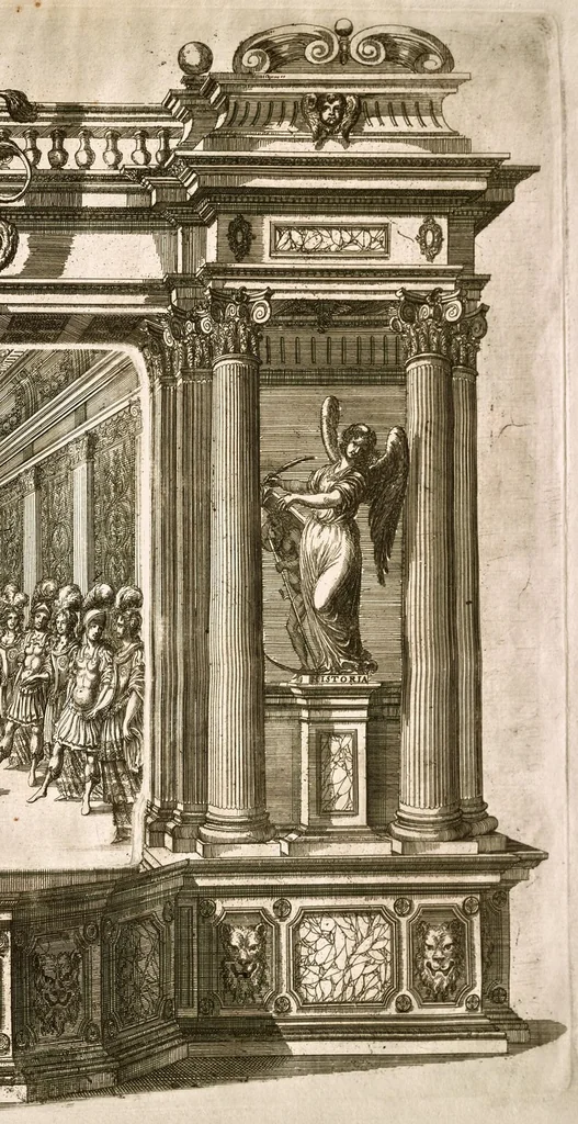 An illustration from Die uber alle Tugende triumphirende Tugend der Beständigkeit : wie dieselbe bey Anwesenheit verschiedener hoch-fürstlich, fürstlich- und gräflicher Personen den __ Februarii, 1684, auf dem ChurPfältzischen Residentz-Schlosz zu Heydelberg vorgestellet und praesentiret worden, 1684, leaf 124