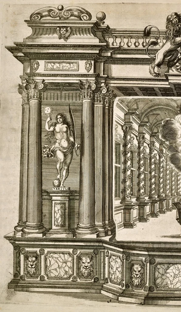 An illustration from Die uber alle Tugende triumphirende Tugend der Beständigkeit : wie dieselbe bey Anwesenheit verschiedener hoch-fürstlich, fürstlich- und gräflicher Personen den __ Februarii, 1684, auf dem ChurPfältzischen Residentz-Schlosz zu Heydelberg vorgestellet und praesentiret worden, 1684, leaf 13
