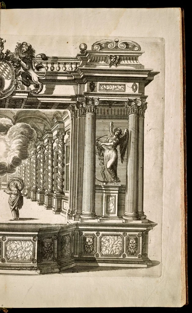 An illustration from Die uber alle Tugende triumphirende Tugend der Beständigkeit : wie dieselbe bey Anwesenheit verschiedener hoch-fürstlich, fürstlich- und gräflicher Personen den __ Februarii, 1684, auf dem ChurPfältzischen Residentz-Schlosz zu Heydelberg vorgestellet und praesentiret worden, 1684, leaf 14