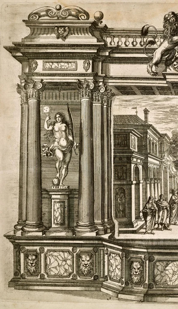 An illustration from Die uber alle Tugende triumphirende Tugend der Beständigkeit : wie dieselbe bey Anwesenheit verschiedener hoch-fürstlich, fürstlich- und gräflicher Personen den __ Februarii, 1684, auf dem ChurPfältzischen Residentz-Schlosz zu Heydelberg vorgestellet und praesentiret worden, 1684, leaf 19