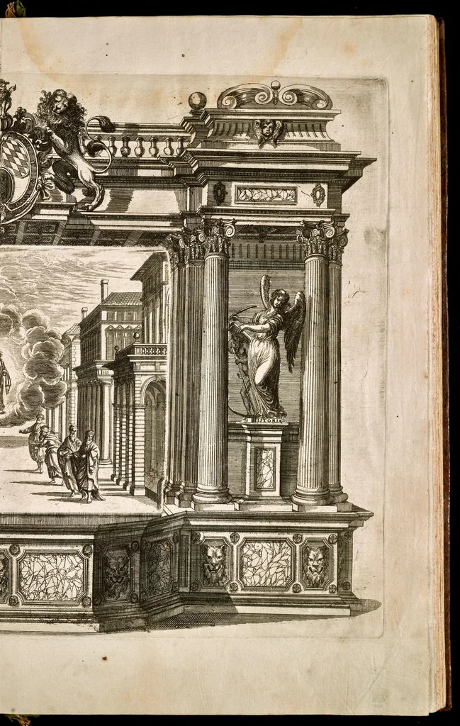 An illustration from Die uber alle Tugende triumphirende Tugend der Beständigkeit : wie dieselbe bey Anwesenheit verschiedener hoch-fürstlich, fürstlich- und gräflicher Personen den __ Februarii, 1684, auf dem ChurPfältzischen Residentz-Schlosz zu Heydelberg vorgestellet und praesentiret worden, 1684, leaf 20