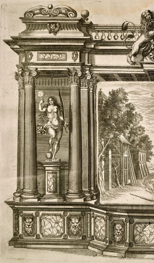 An illustration from Die uber alle Tugende triumphirende Tugend der Beständigkeit : wie dieselbe bey Anwesenheit verschiedener hoch-fürstlich, fürstlich- und gräflicher Personen den __ Februarii, 1684, auf dem ChurPfältzischen Residentz-Schlosz zu Heydelberg vorgestellet und praesentiret worden, 1684, leaf 25